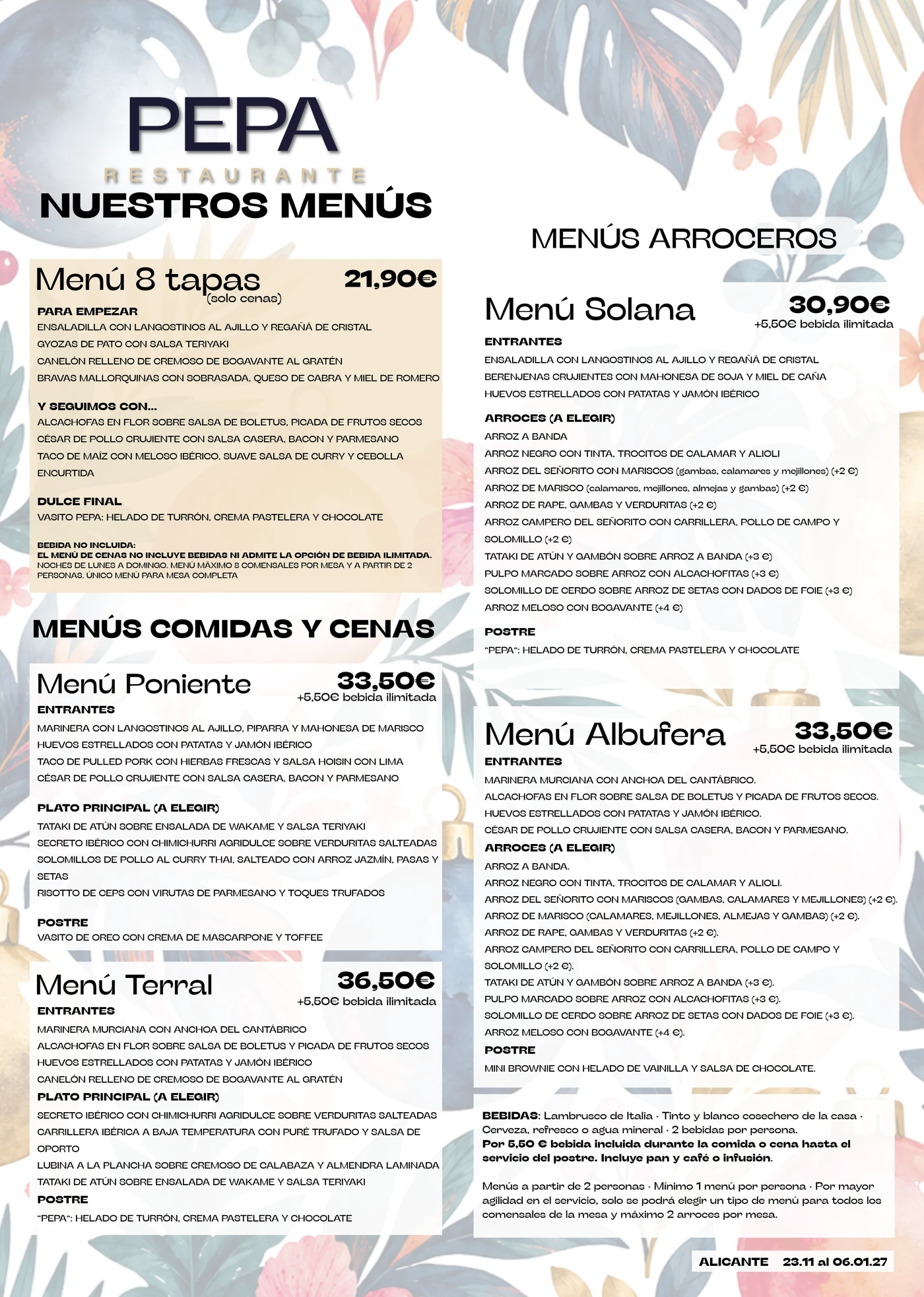 Menús de grupo y empresa Navidad 2026 de Pepa Restaurante Alicante