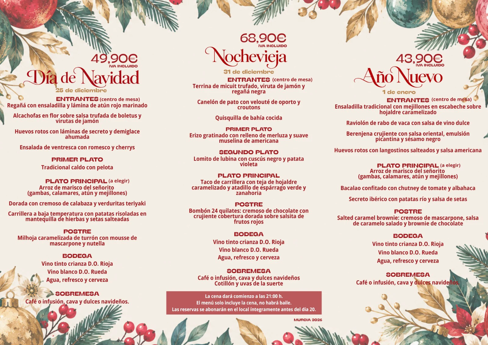 Menús de Día de Navidad, Nochevieja y Año Nuevo 2026 de Pepa Restaurante Murcia