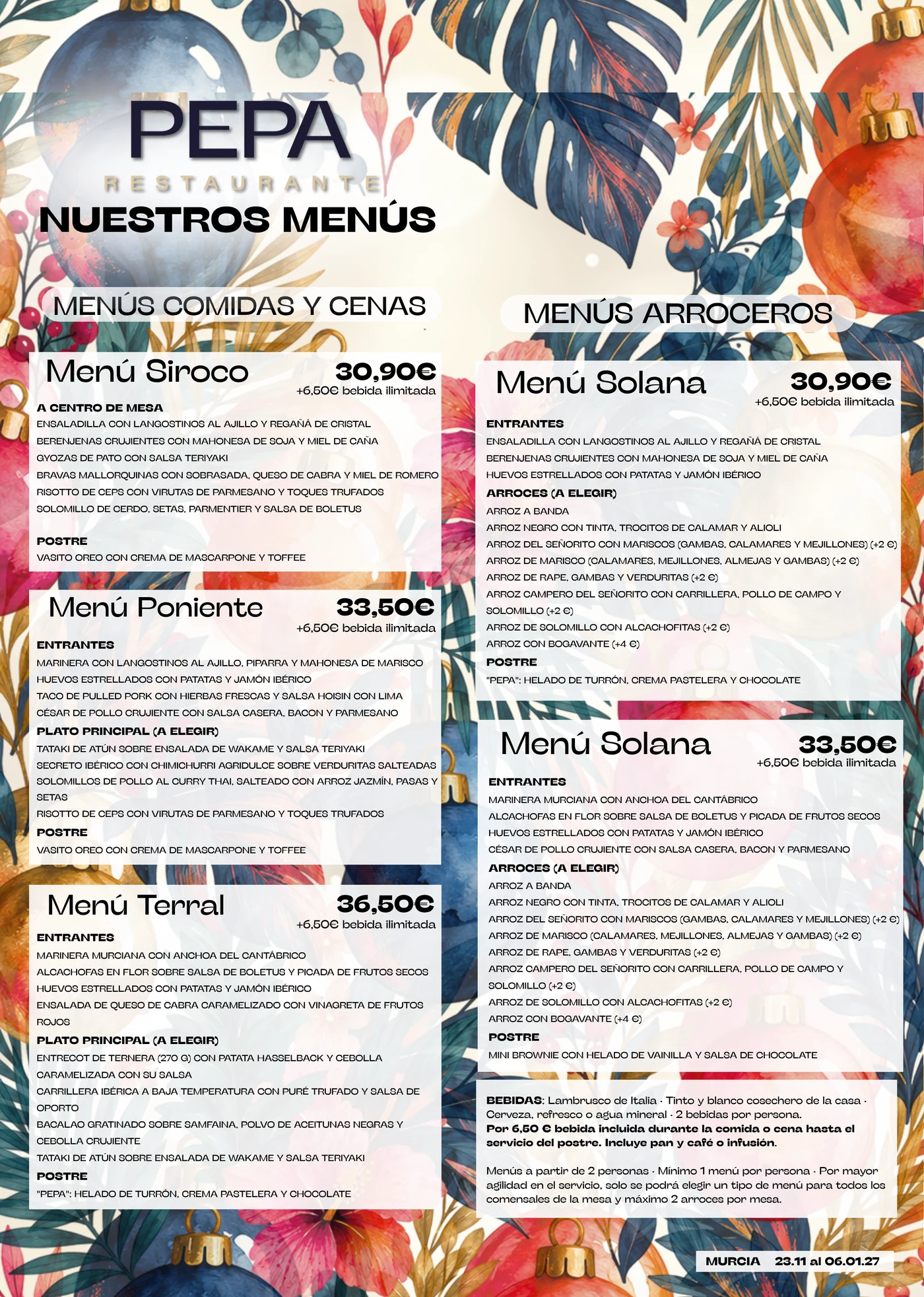 Menús de grupo y empresa Navidad 2026 de Pepa Restaurante Murcia