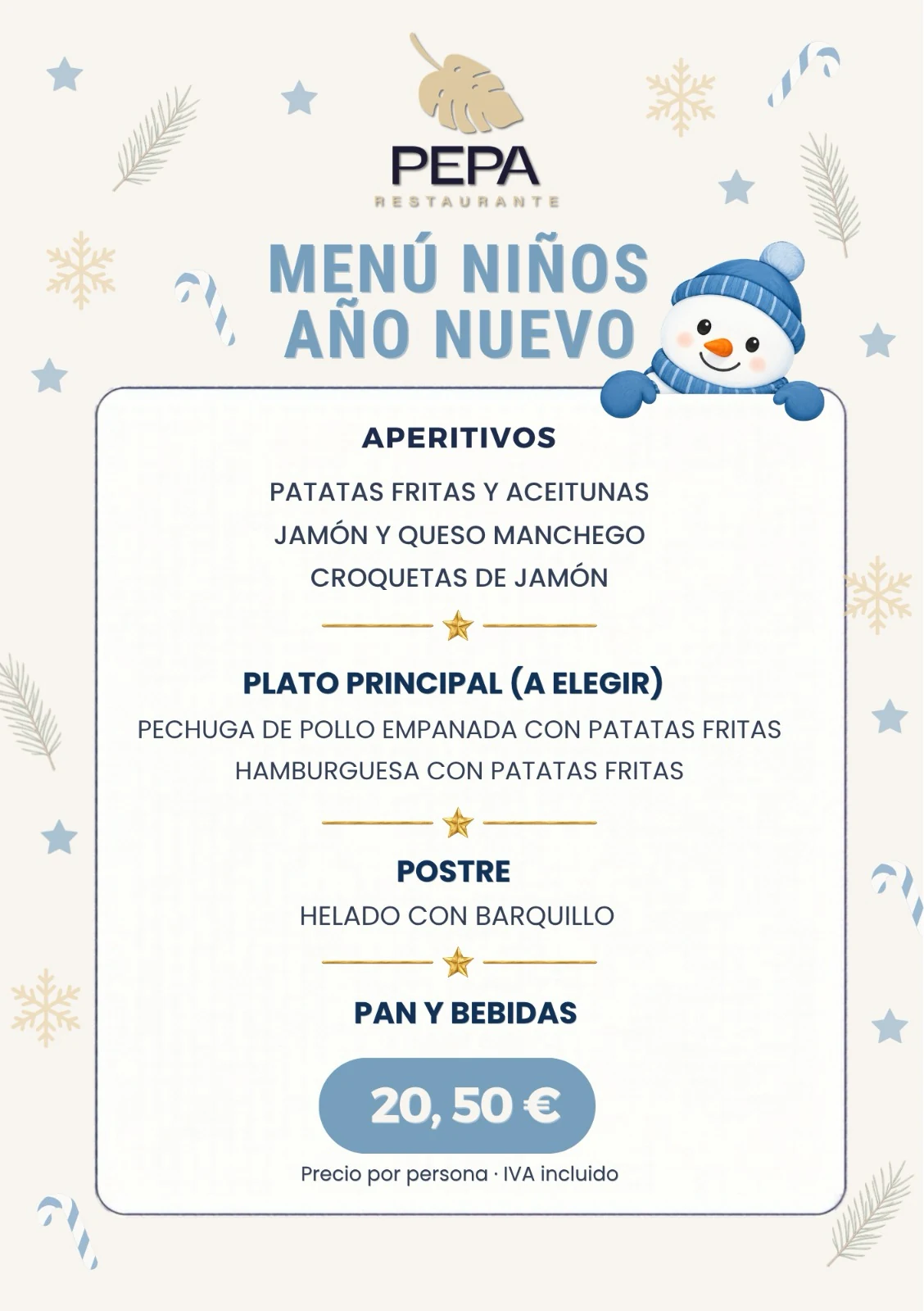 Menú niños Año Nuevo de Pepa Restaurante, 20,50 euros