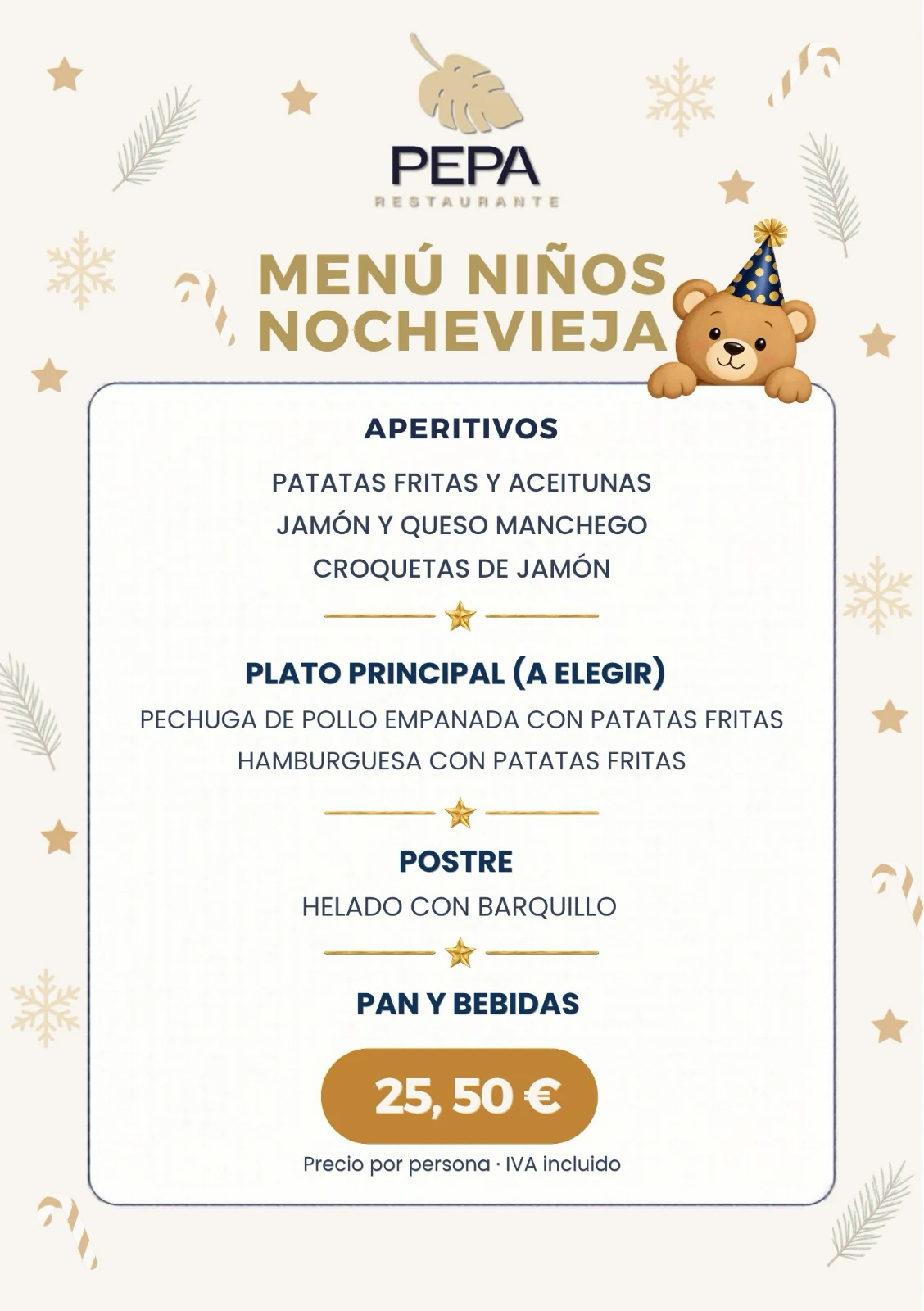 Menú niños Nochevieja de Pepa Restaurante, 25,50 euros